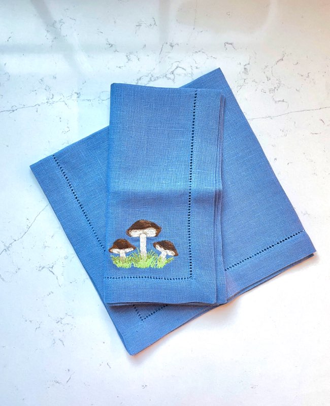 Mushroom Blue Linen Napkins, Set of 4