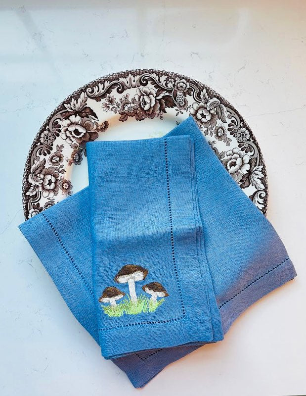 Mushroom Blue Linen Napkins, Set of 4