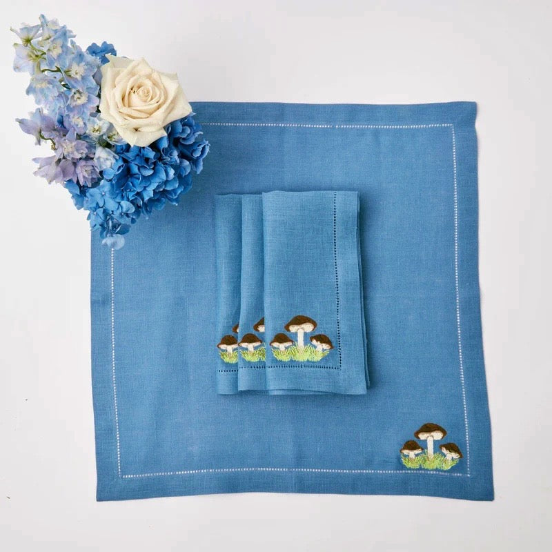 Mushroom Blue Linen Napkins, Set of 4