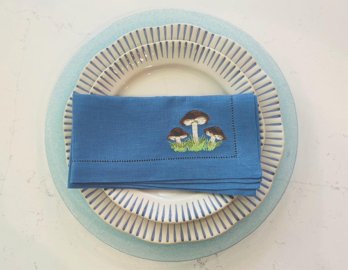 Mushroom Blue Linen Napkins, Set of 4