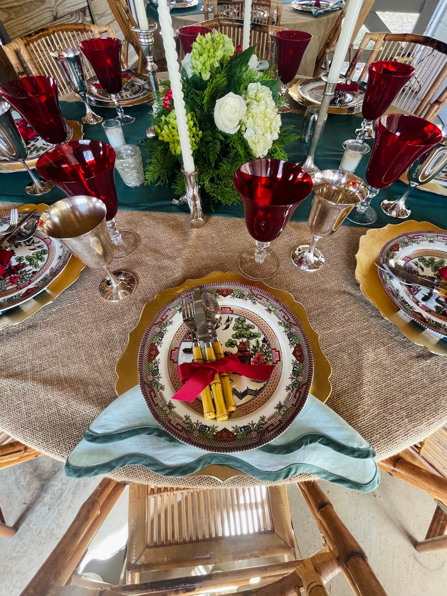 Sage Scalloped Napkin with Emerald Trim