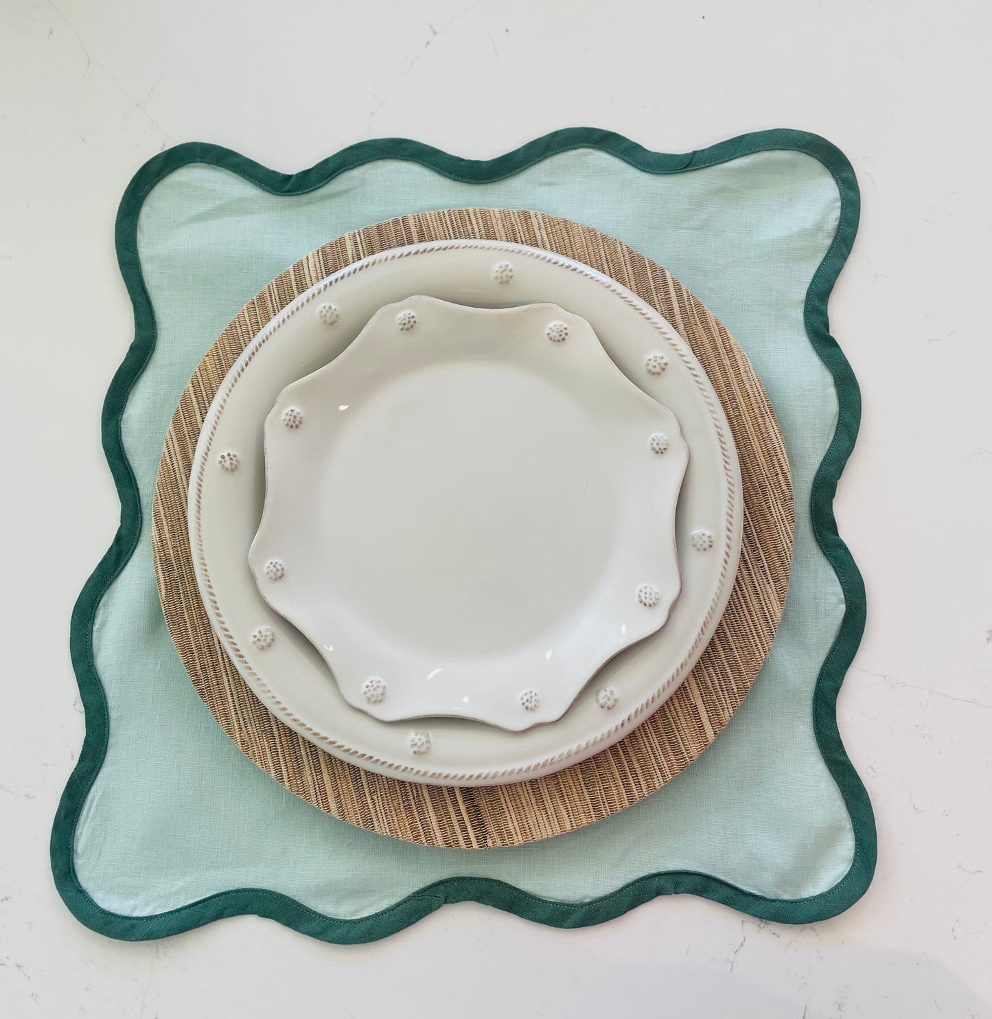 Sage Scalloped Napkin with Emerald Trim