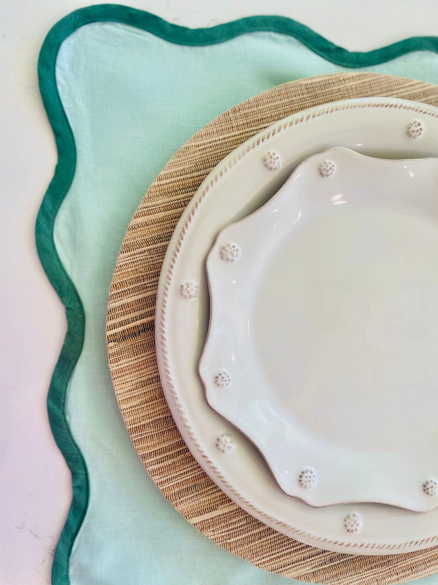 Sage Scalloped Napkin with Emerald Trim